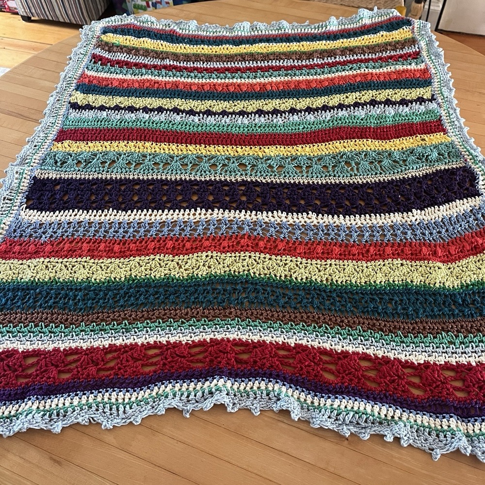 Handmade Crochet Baby Blanket Bold Rainbow Ripple‎ Infant Child Afghan 32x36"